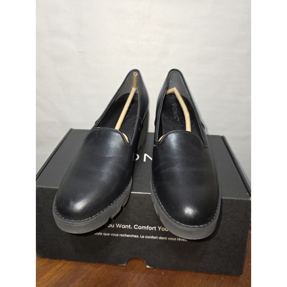 Vionic Willa Wedge Loafers Womens 7 Black Leather Comfort Slip On Shoes